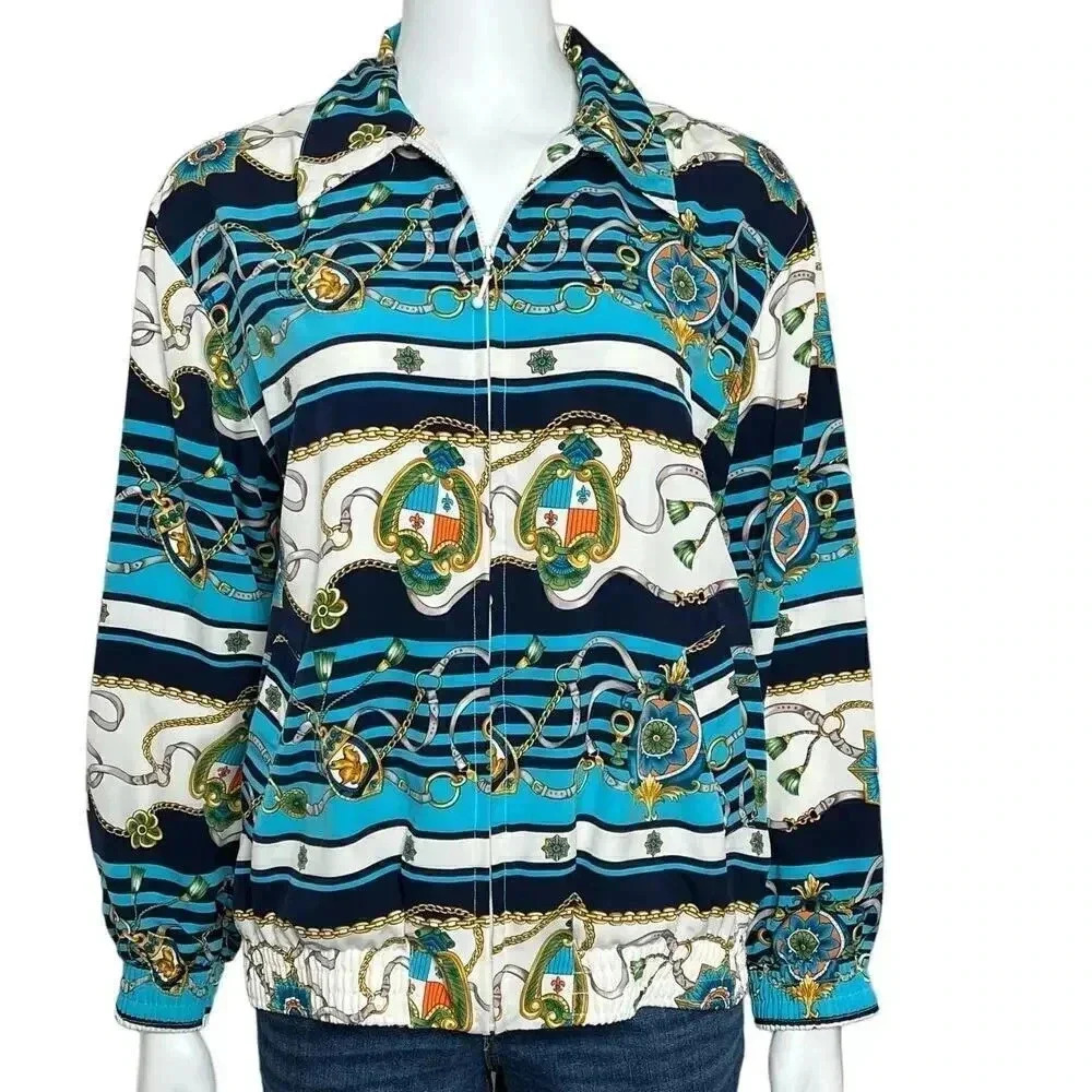 Alfred Dunner Vintage Nautical Chain Print Bomber Jacket Size 8